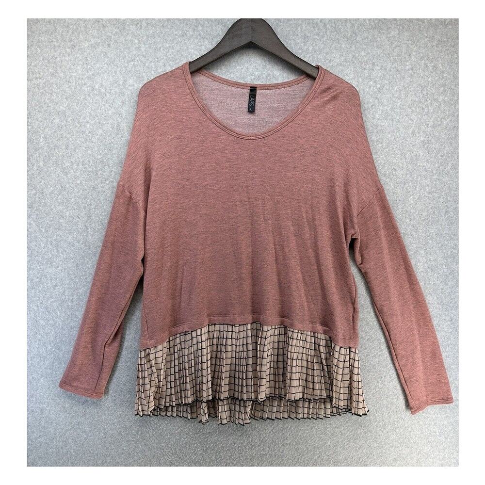 Lapis Womens Blouse Top Pink With Pleated Check Long Sleeve Ruffle BottomSize L